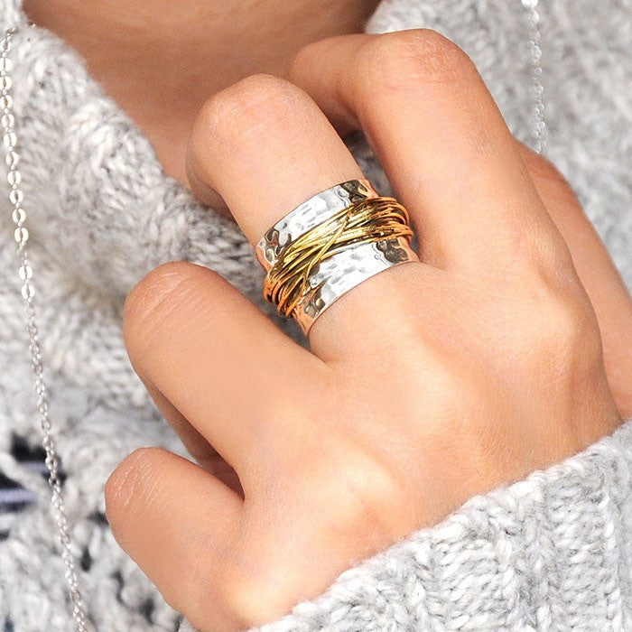 Sterling Silver & Gold Wide Band Statement Ring