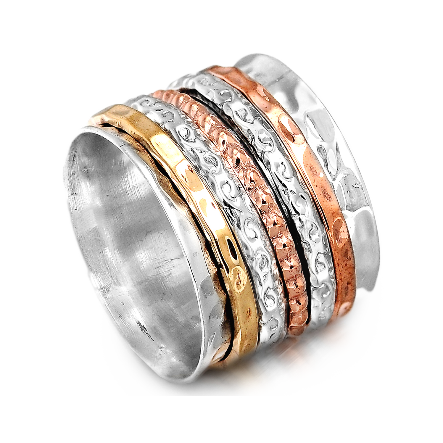 Two Tone Wide Band Spinner Ring Hammered Sterling Silver