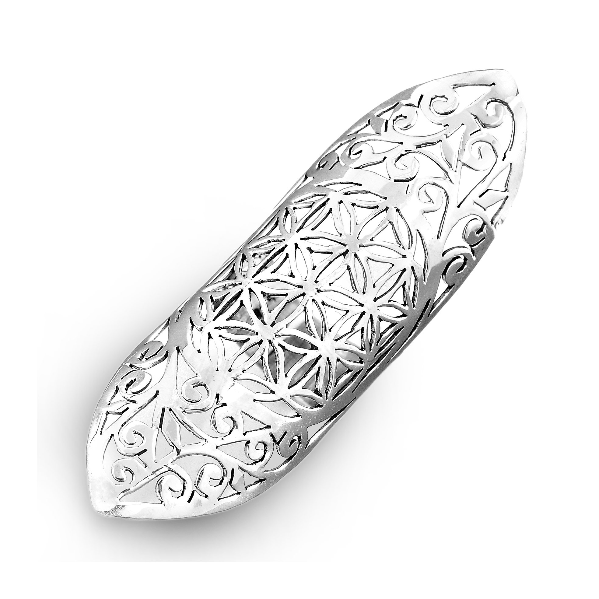 Full Finger Statement Sterling Silver Ring Flower of Life Symbol