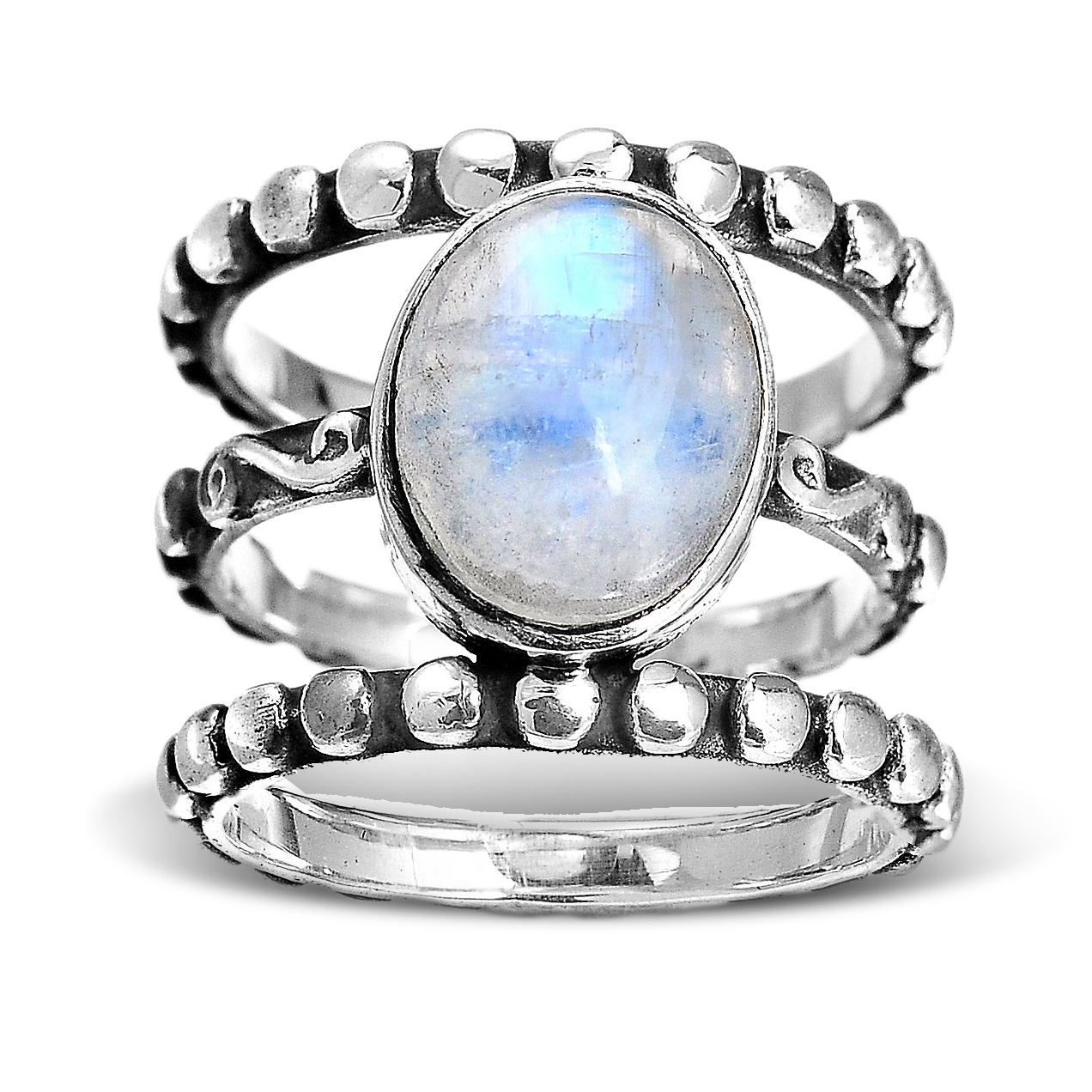 Large Rainbow Moonstone Ring Sterling Silver