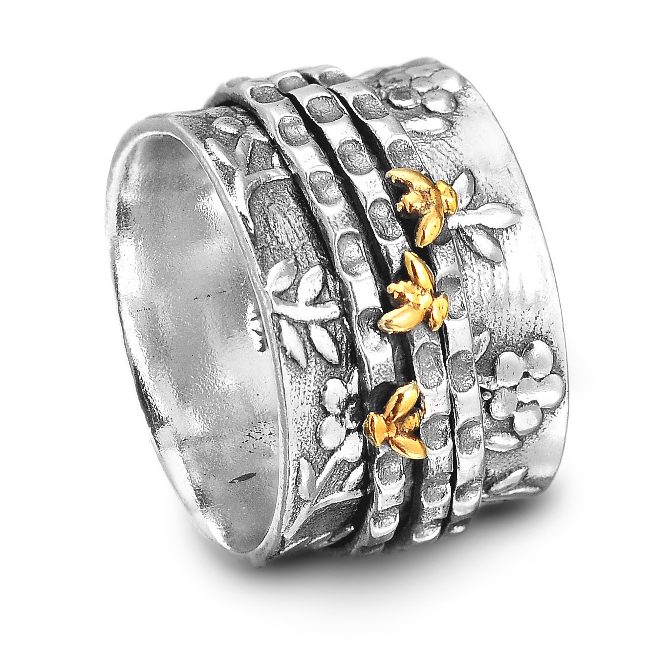 Flowers Spinner Ring with Tiny Bees Sterling Silver