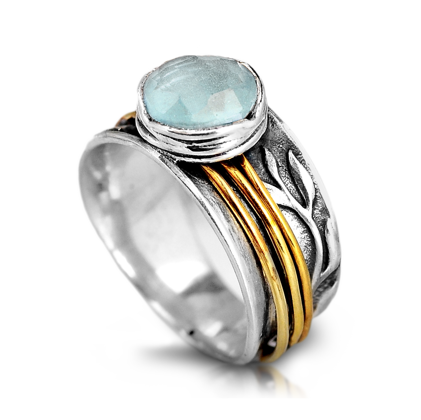 Aquamarine Spinner Ring Inspired by Nature Sterling Silver