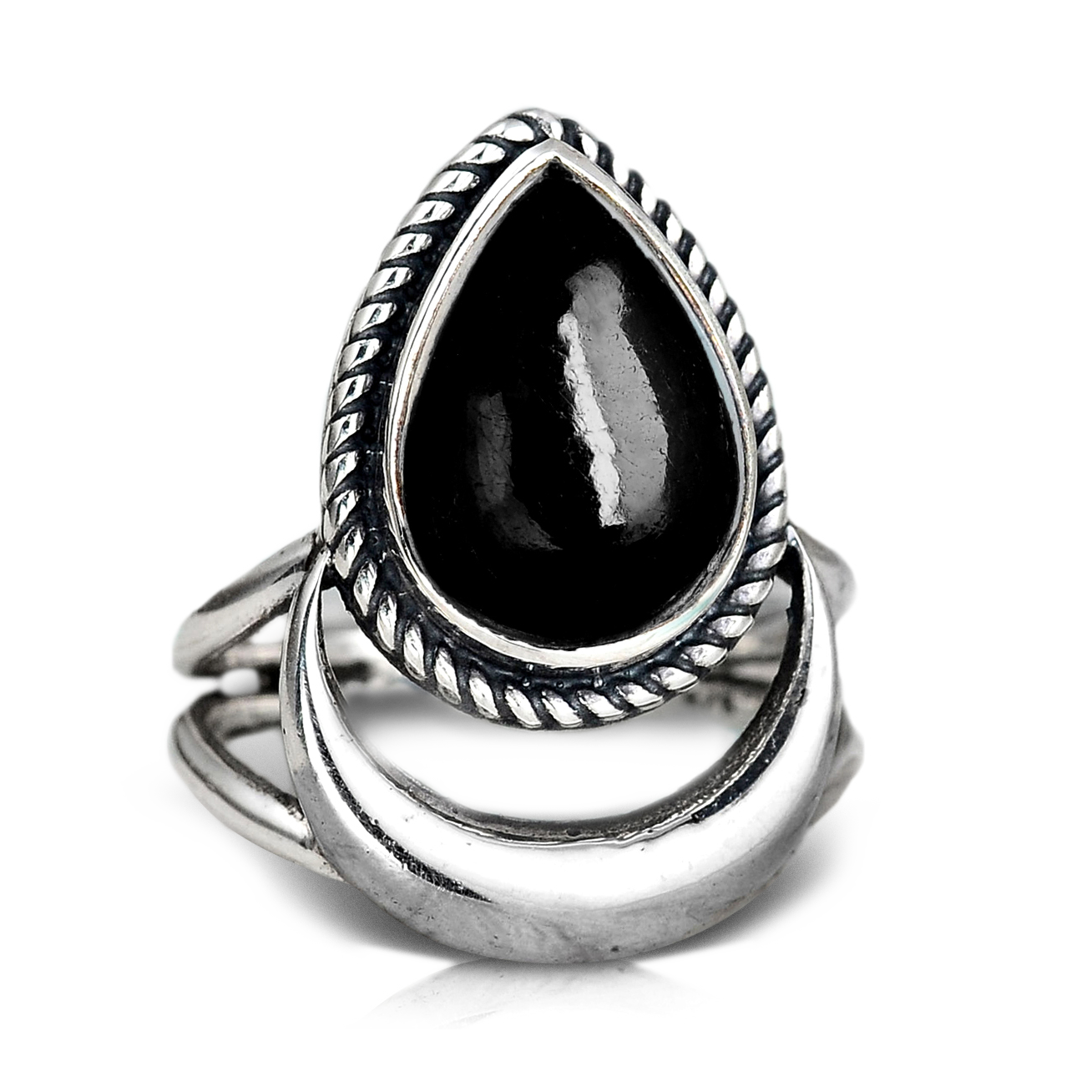 Black Tourmaline Moon Ring Sterling Silver