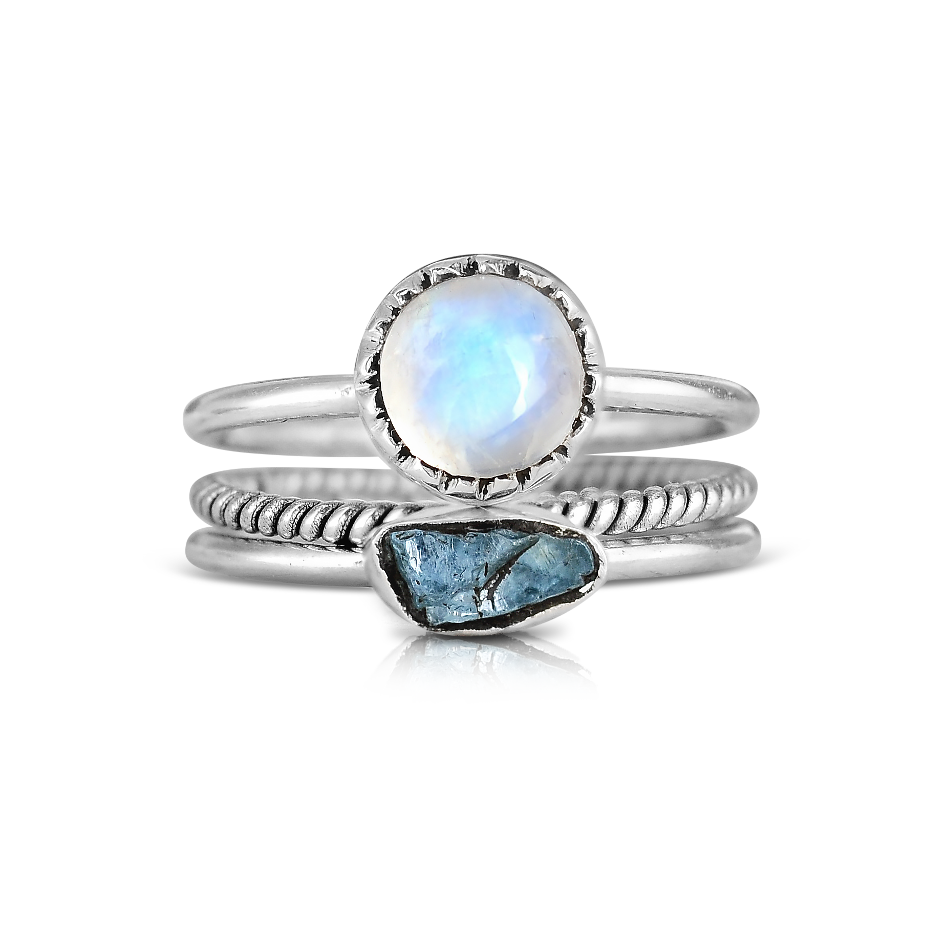 Moonstone and Aquamarine Ring Stacking Set Sterling Silver