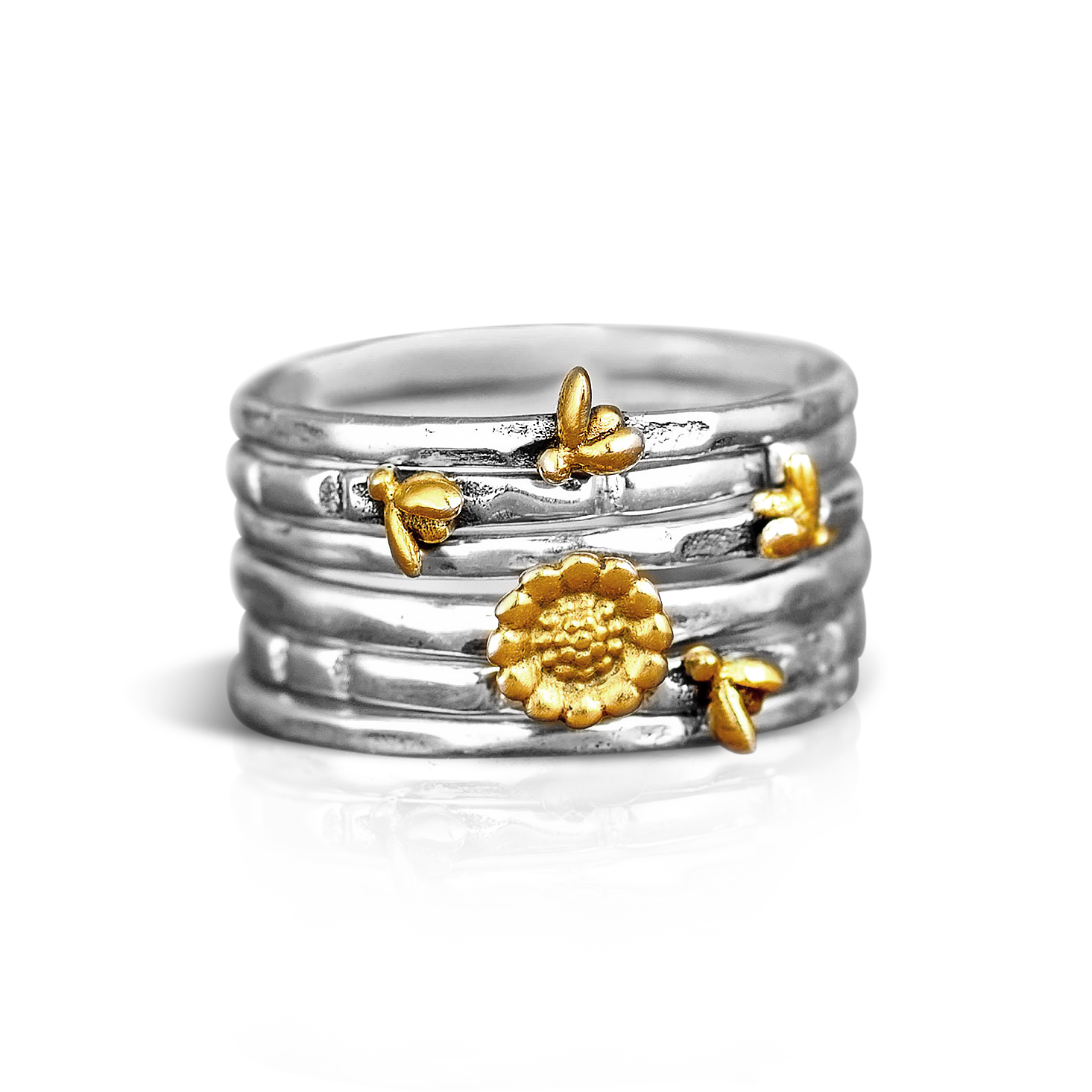 Bees and Sunflower Stacking Ring Set Sterling Silver