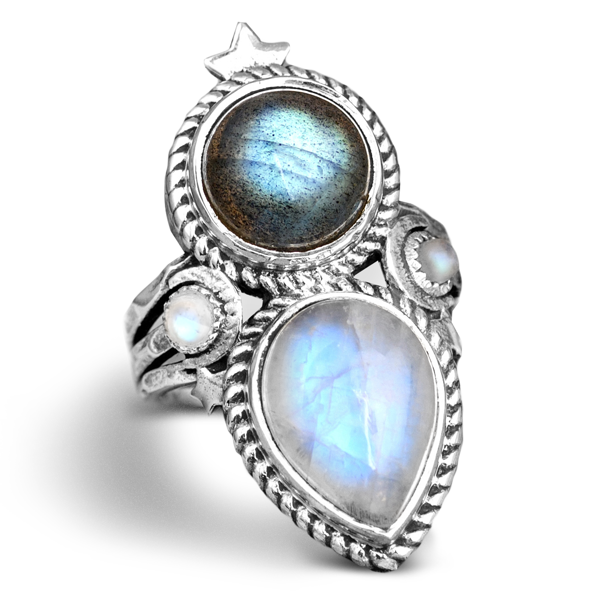 Celestial Moonstone and Labradorite Silver Ring