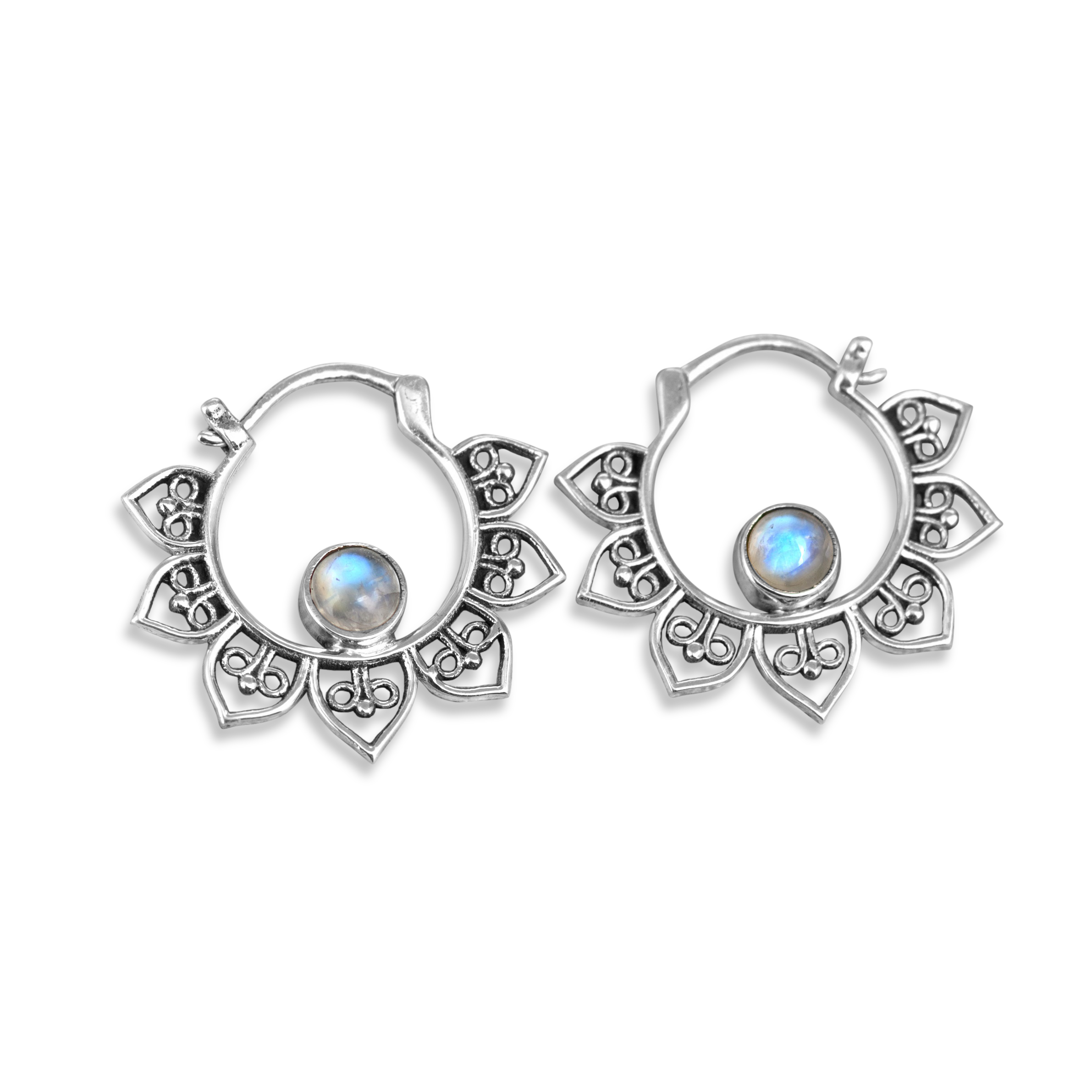 Boho Hoop Moonstone Earrings Sterling Silver