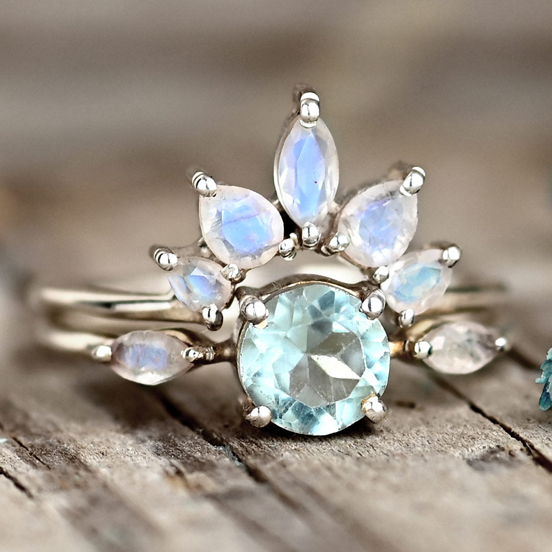 Aquamarine and Moonstone Stackable Ring Set Sterling Silver