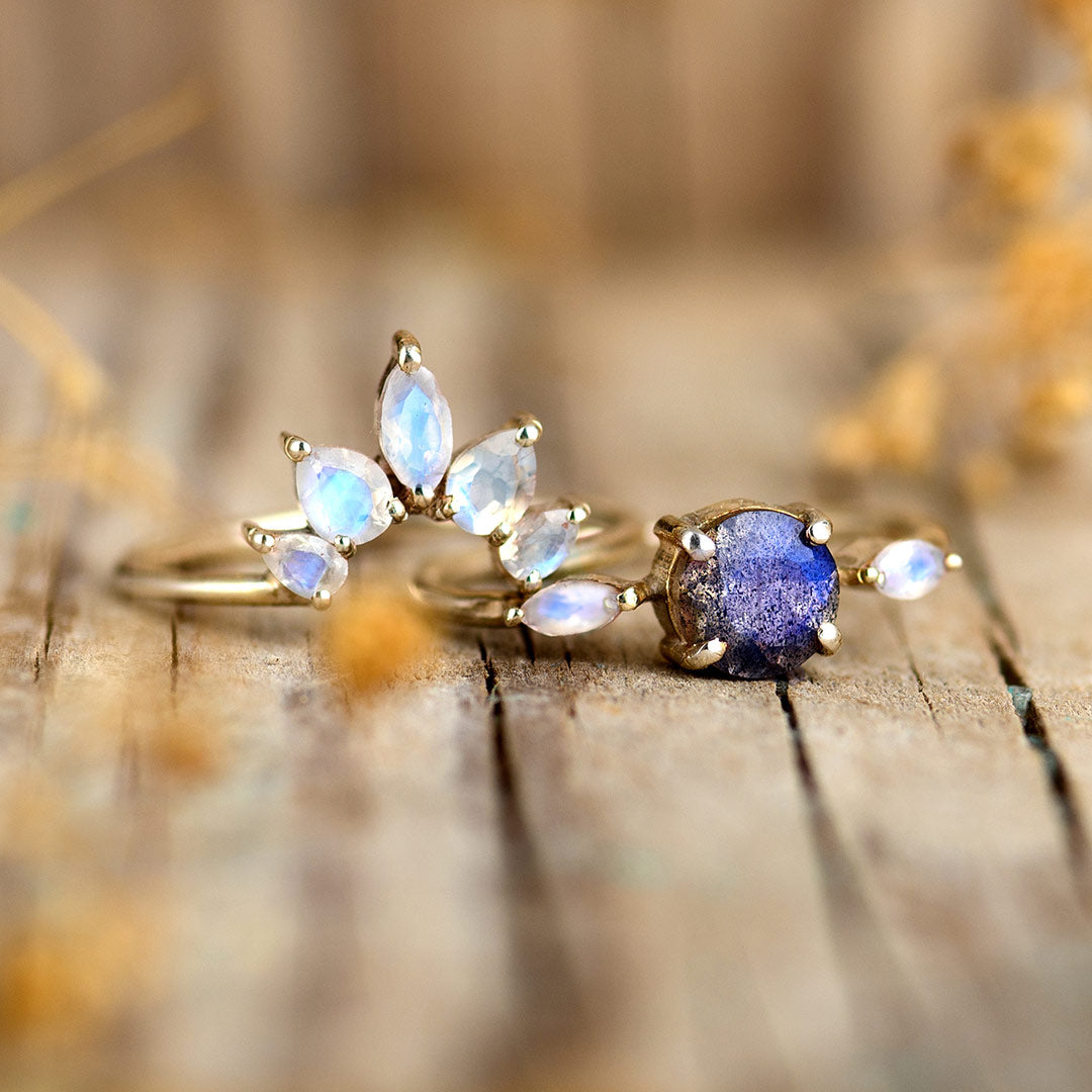 Labradorite and Moonstone Stackable Ring Set Sterling Silver