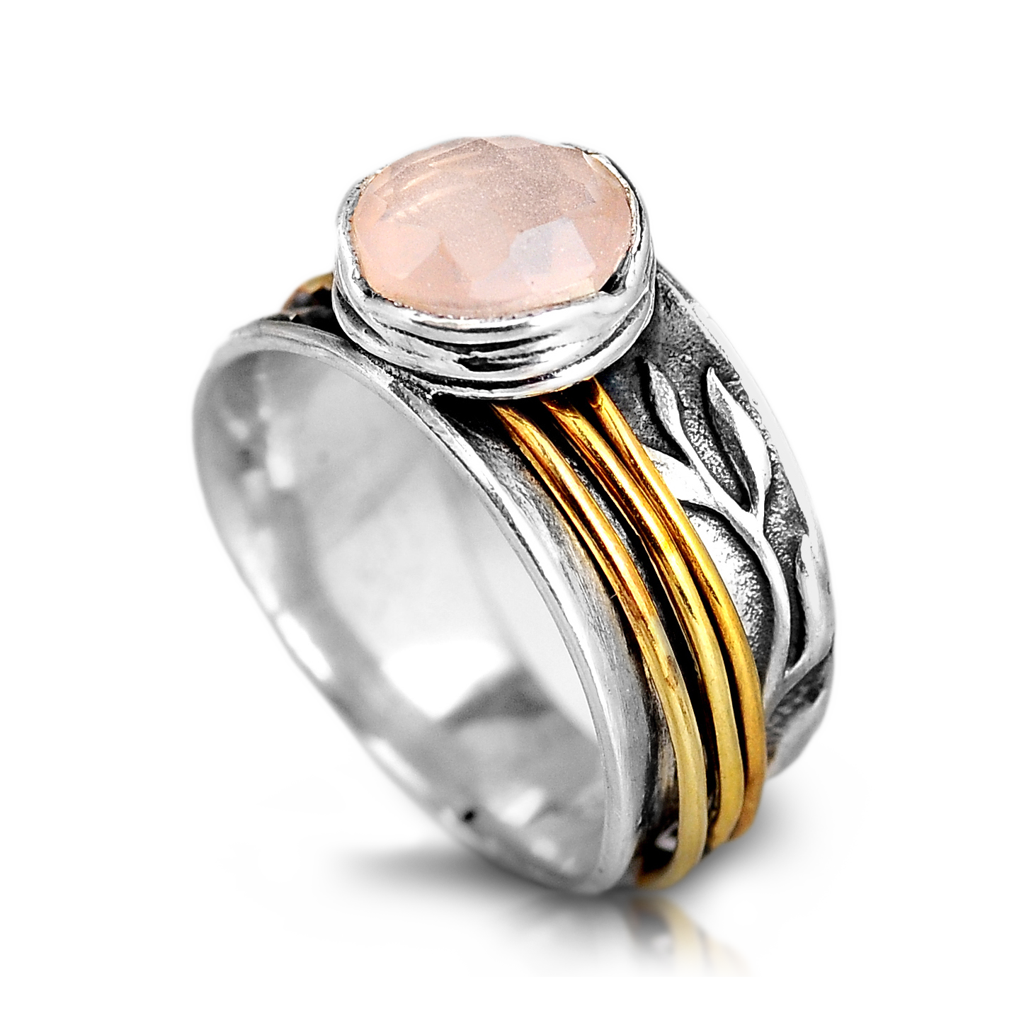 Rose-Quartz Spinner Ring Inspired by Nature Sterling Silver