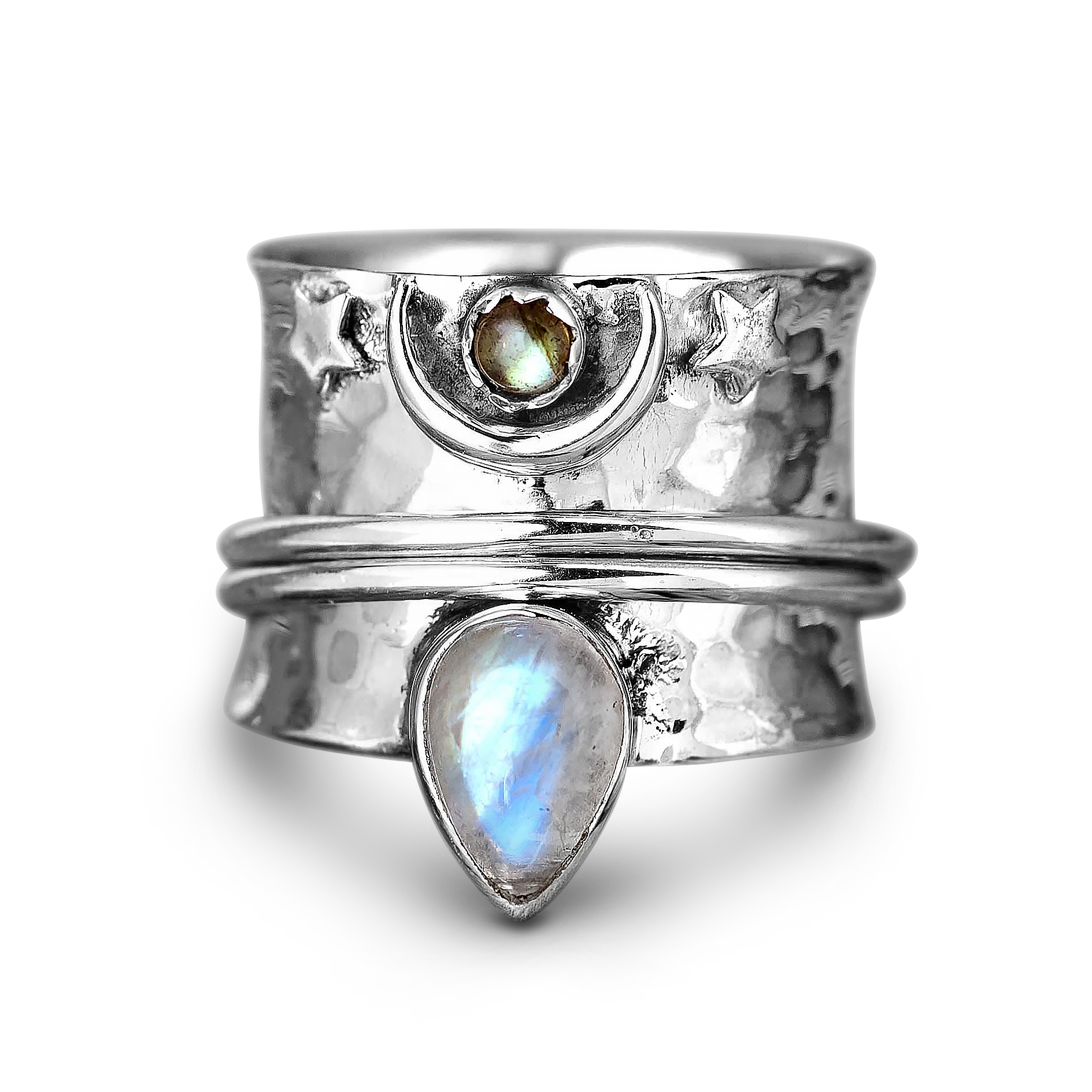 Moonstone Labradorite Fidget Moon Ring Sterling Silver