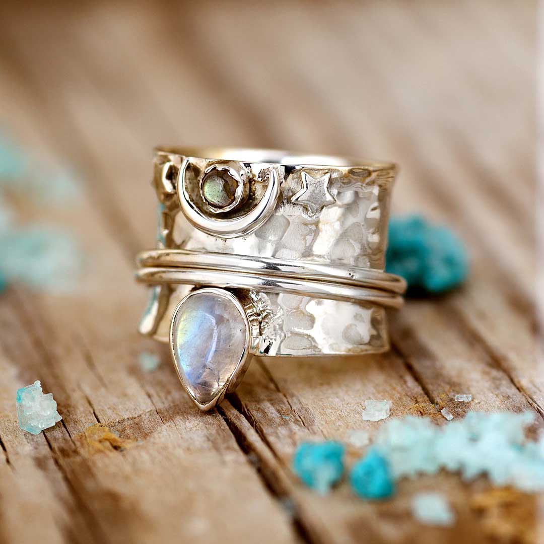 Moonstone Labradorite Fidget Moon Ring Sterling Silver