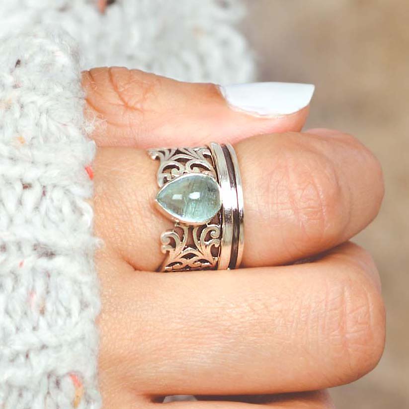 Teardrop Aquamarine Fidget Ring Sterling Silver