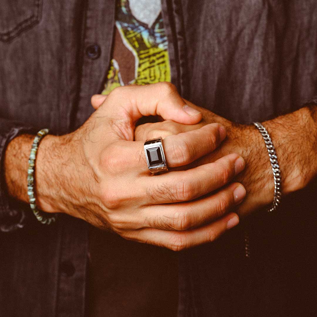 Black Onyx Signet Ring for Men Sterling Silver