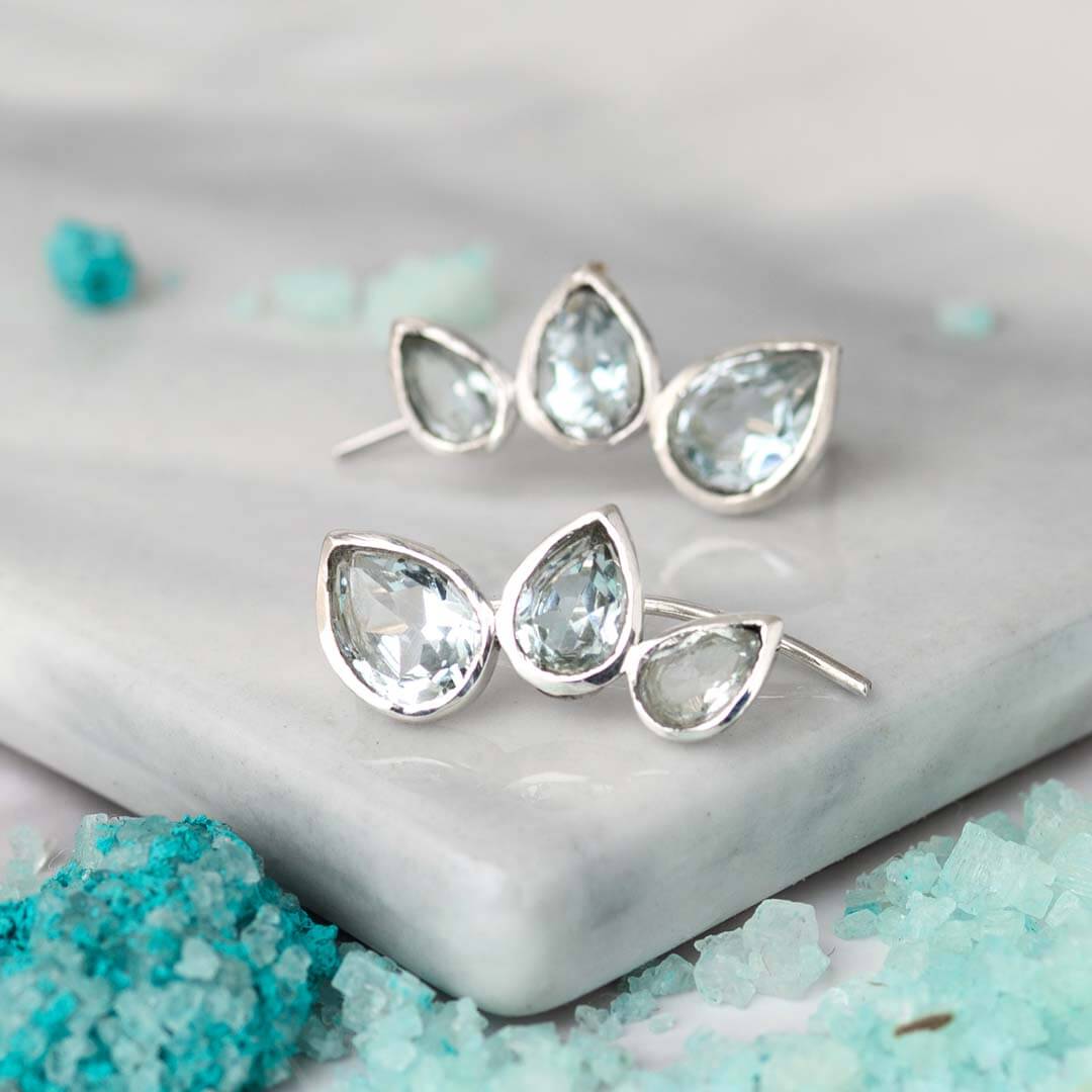 Teardrop Aquamarine Ear Climber Earrings Sterling Silver