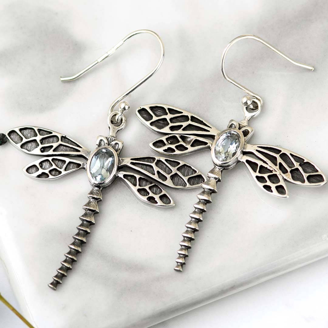 Dragonfly Aquamarine Earrings Sterling Silver