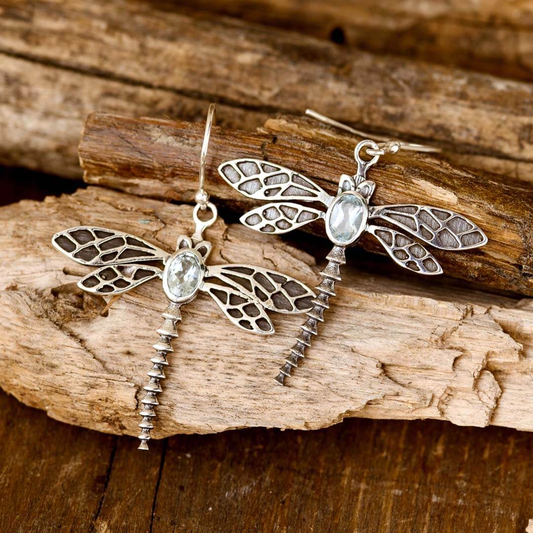 Dragonfly Aquamarine Earrings Sterling Silver