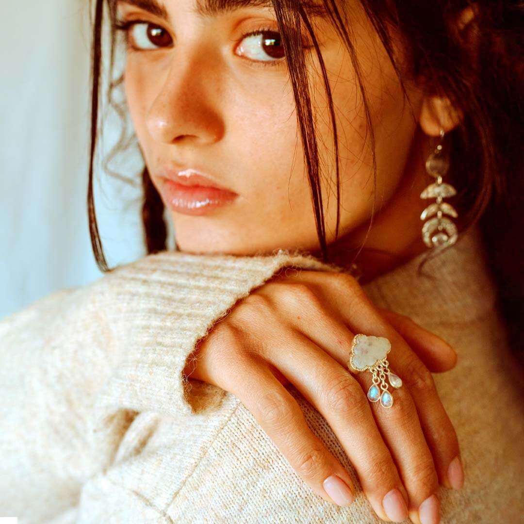 Cloud and Raindrops Moonstone Ring Sterling Silver