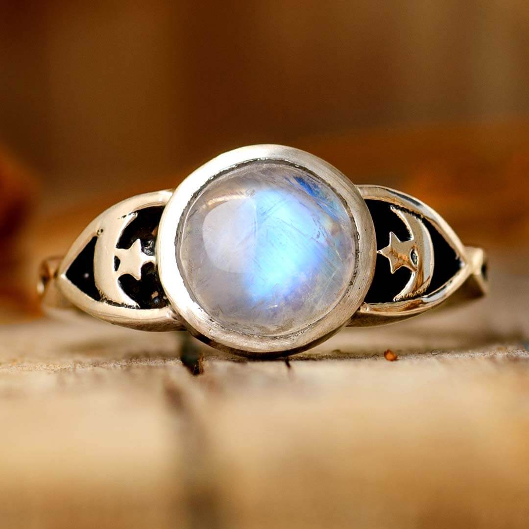 Moonstone Stars Moon Ring Sterling Silver