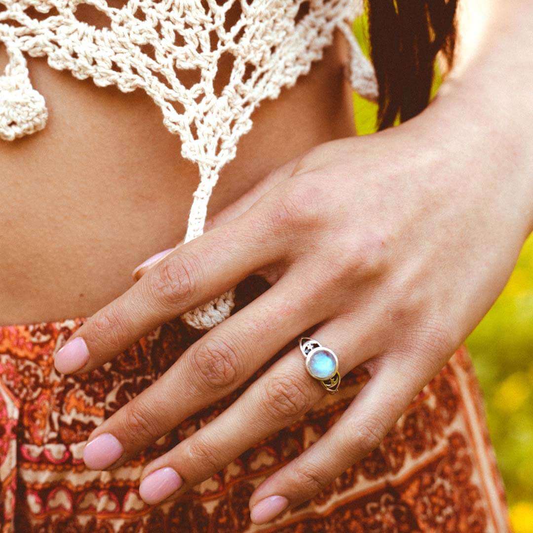 Moonstone Stars Moon Ring Sterling Silver