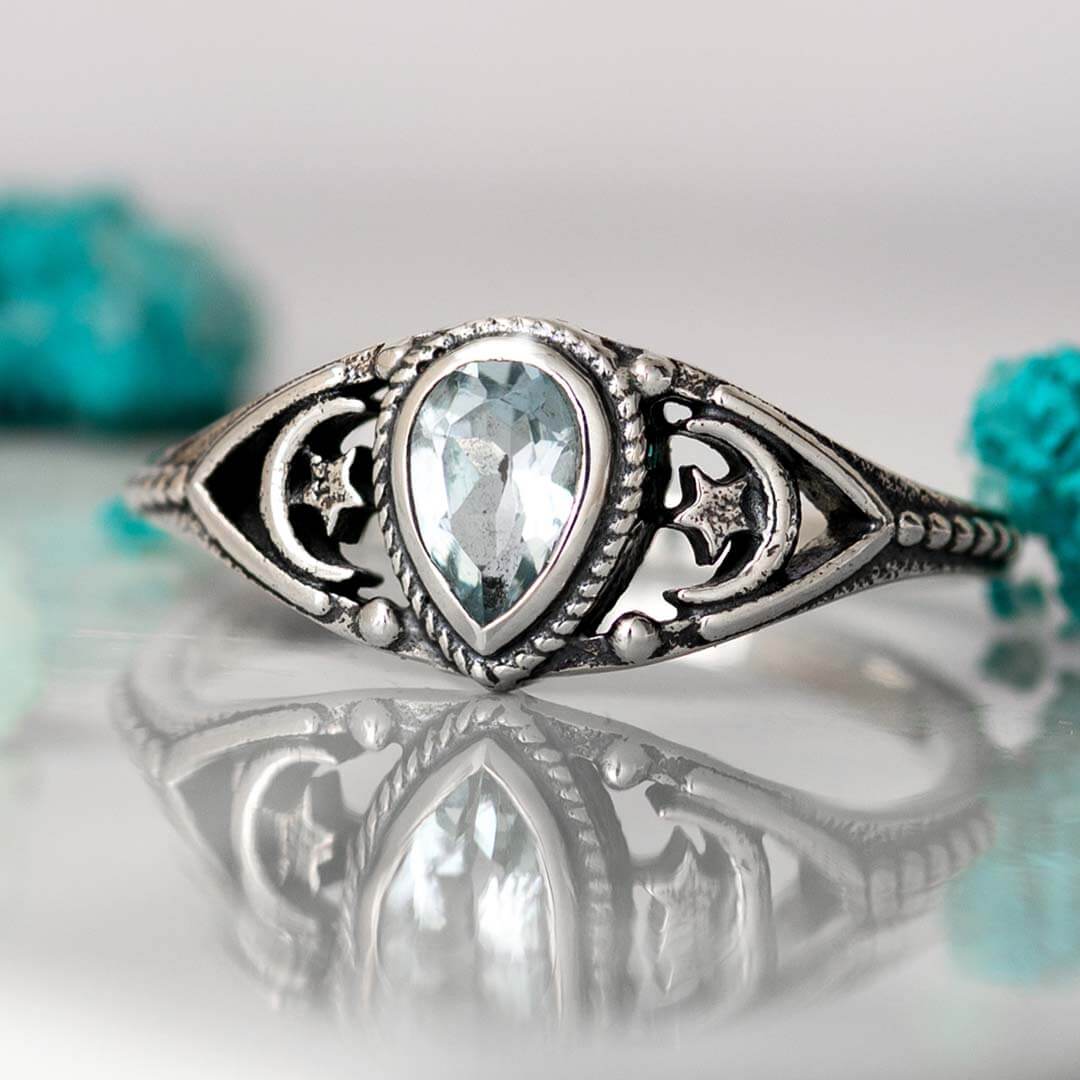 Aquamarine Stars Moon Ring Sterling Silver