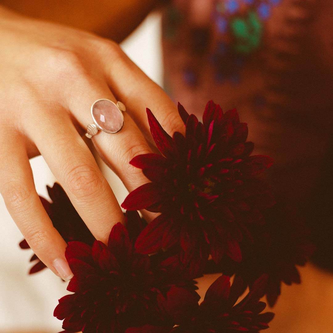 Rose Quartz Leaf Ring Sterling Silver