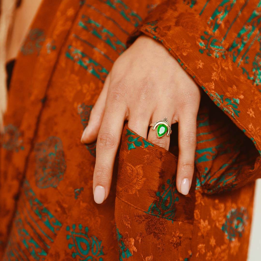 Boho Malachite Moon Ring Sterling Silver