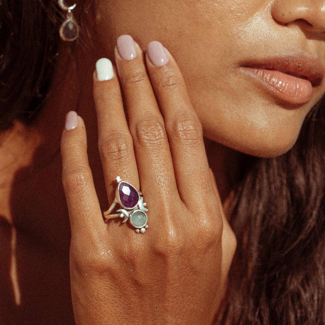 Aquamarine & Amethyst Stars and Moon Ring