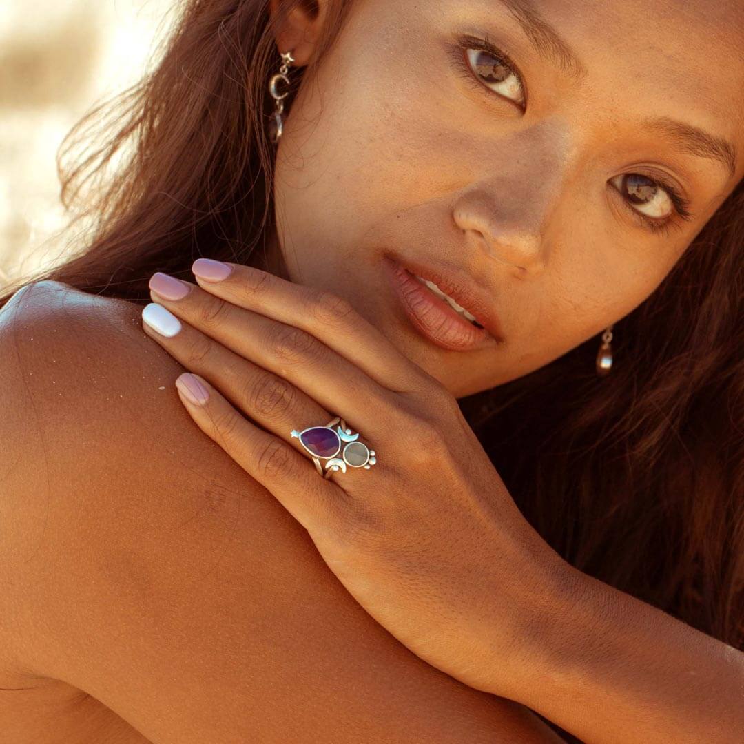 Aquamarine & Amethyst Stars and Moon Ring