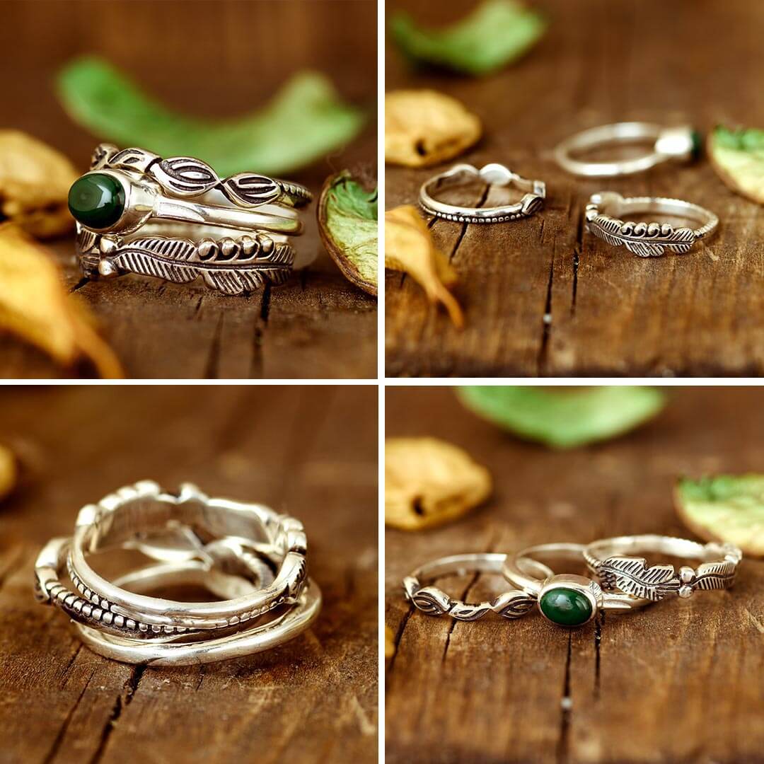 Leaves Stackable Ring Set with Malachite