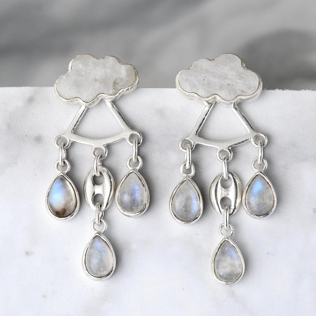 Cloud and Raindrops Moonstone Ear Jacket Earrings