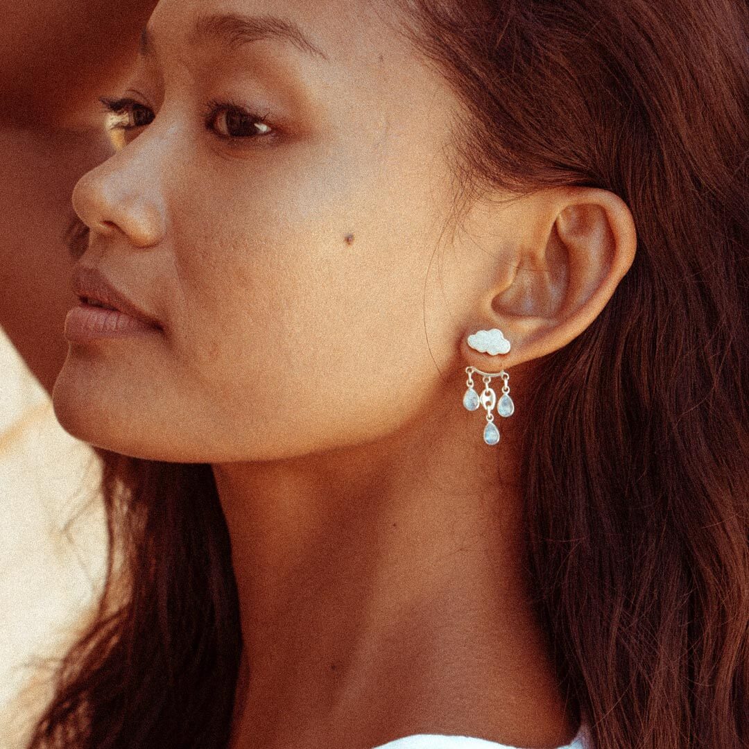 Cloud and Raindrops Moonstone Ear Jacket Earrings