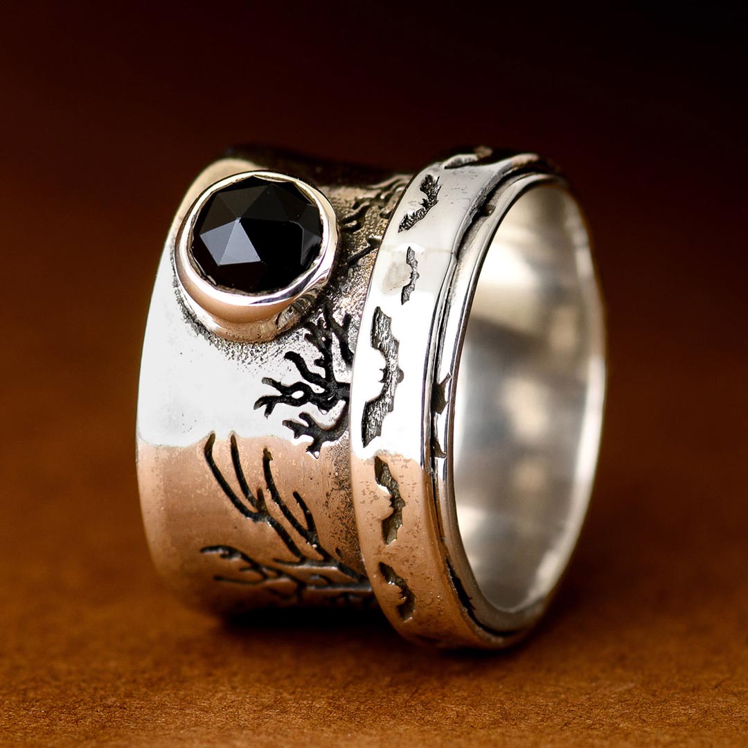 Bats Trees and Onyx Fidget Ring