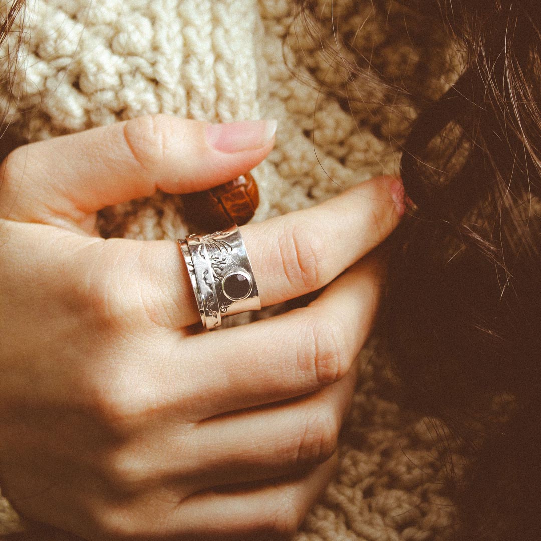 Bats Trees and Onyx Fidget Ring