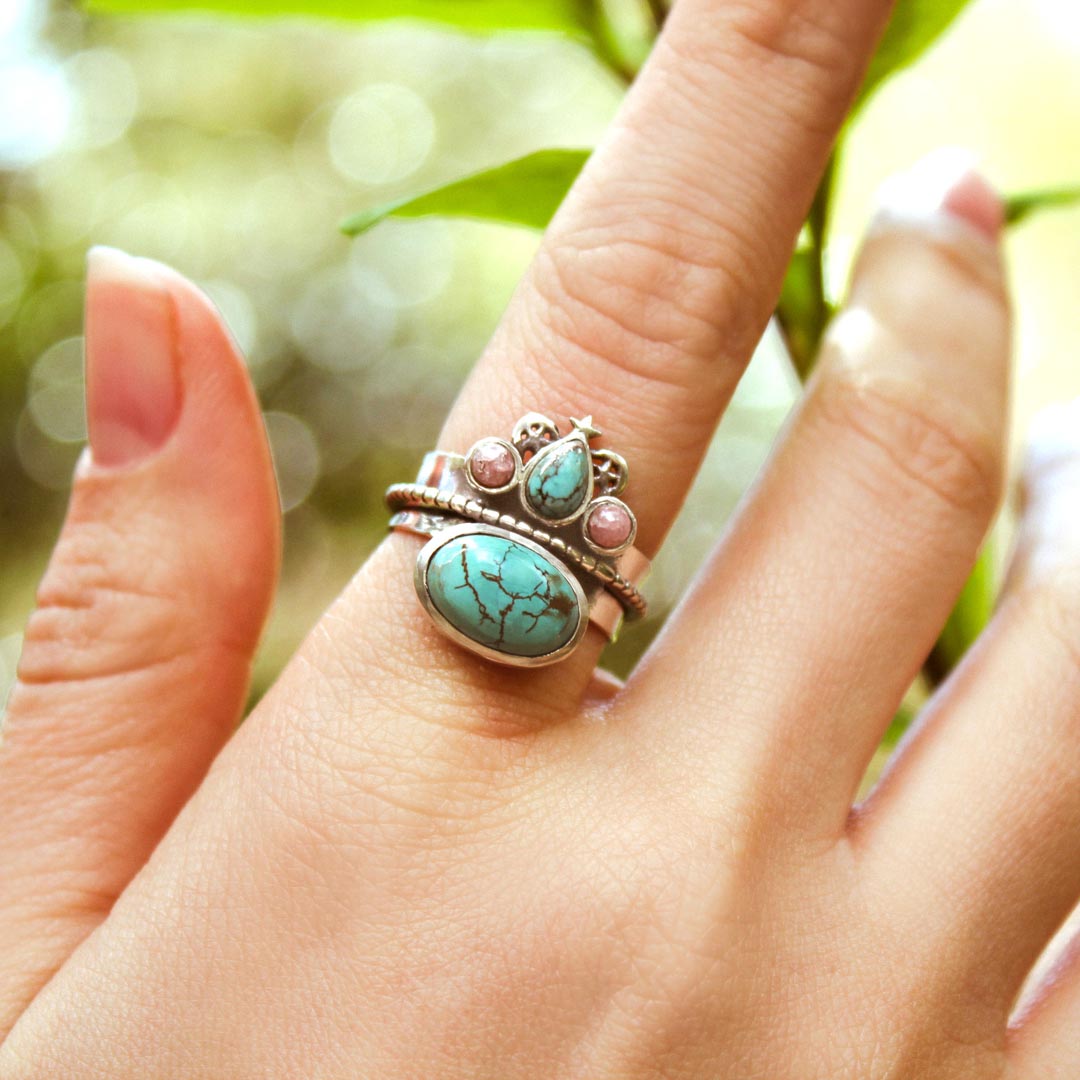 Turquoise and Rhodochrosite Celestial Fidget Ring