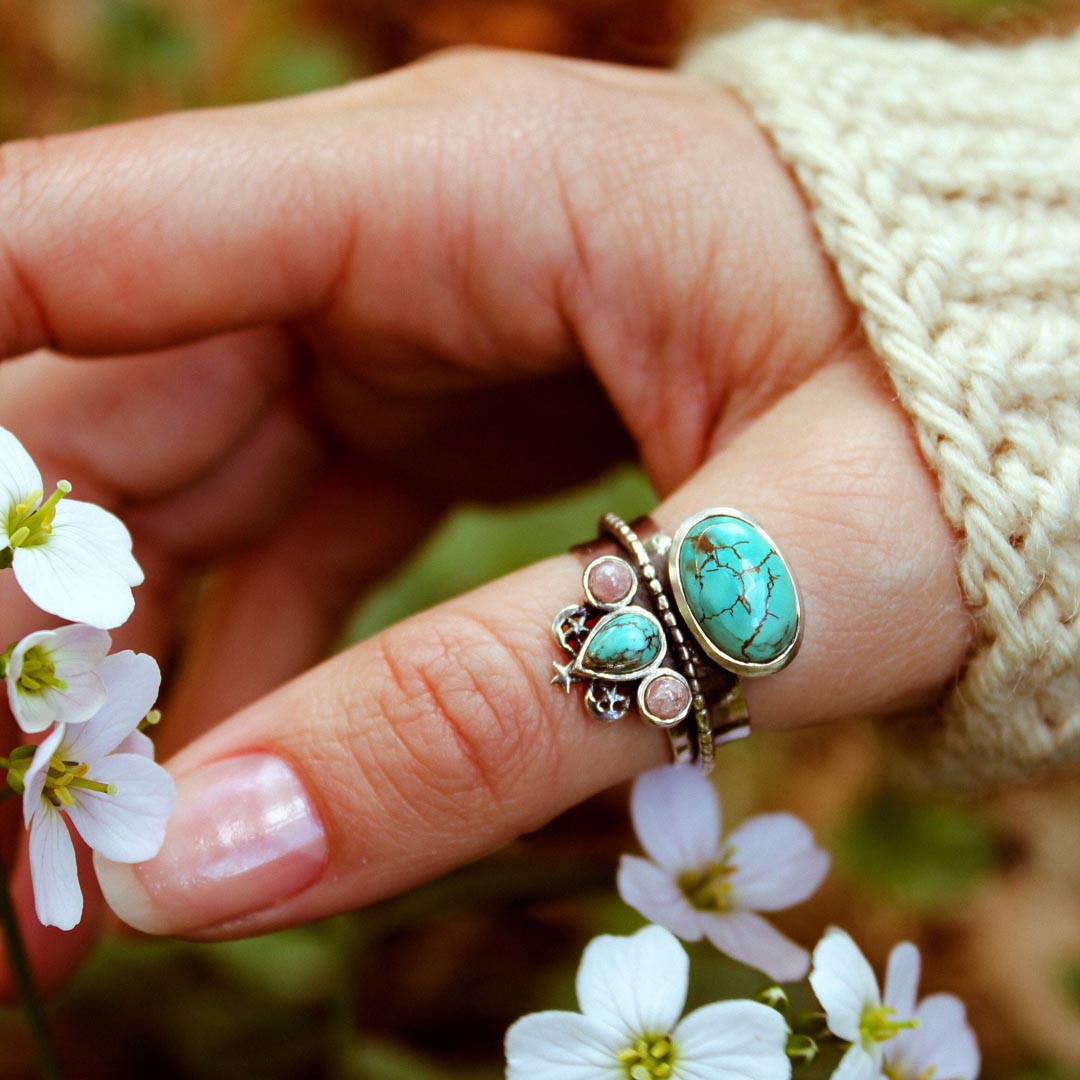 Turquoise and Rhodochrosite Celestial Fidget Ring