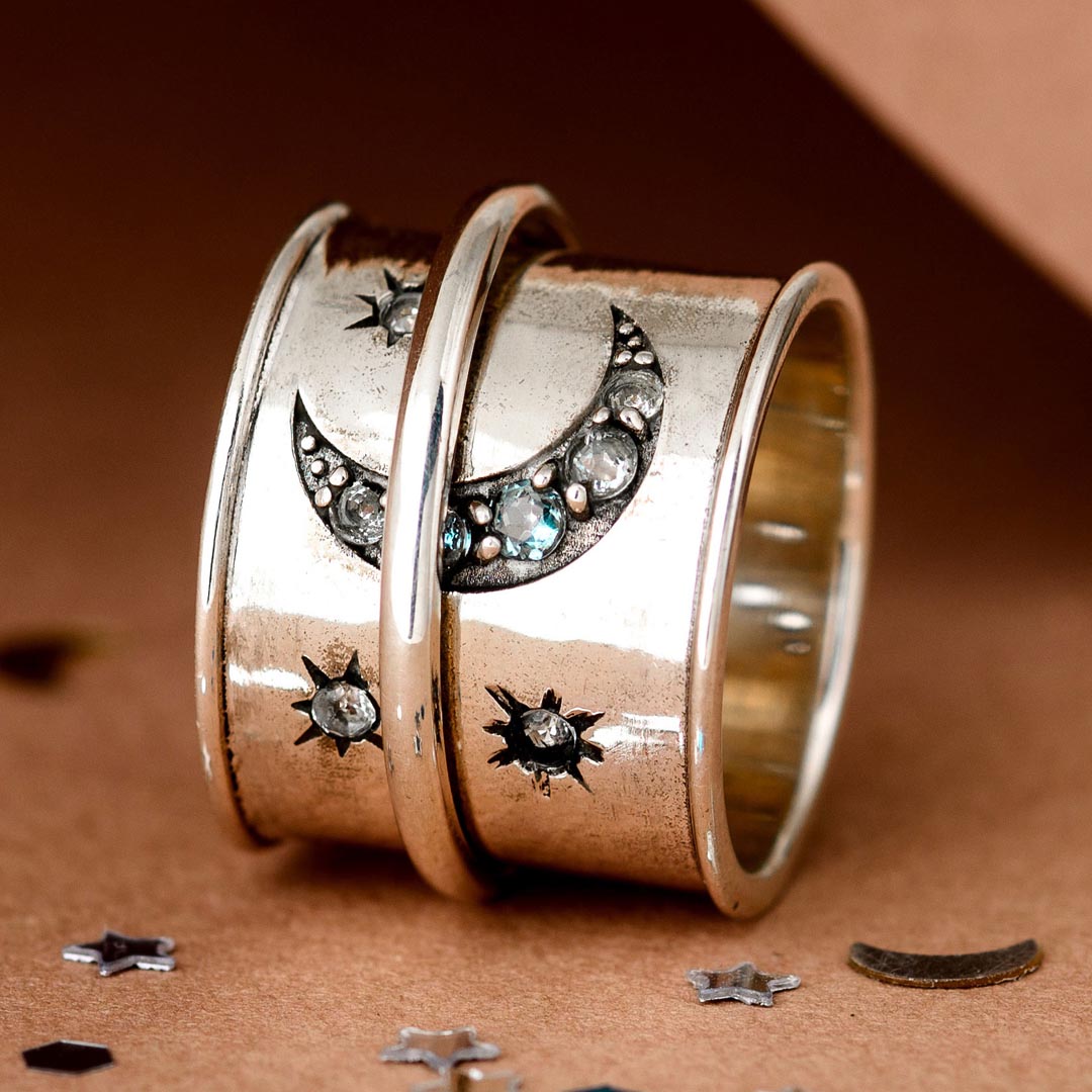 Aquamarine Stars and Moon Fidget Ring