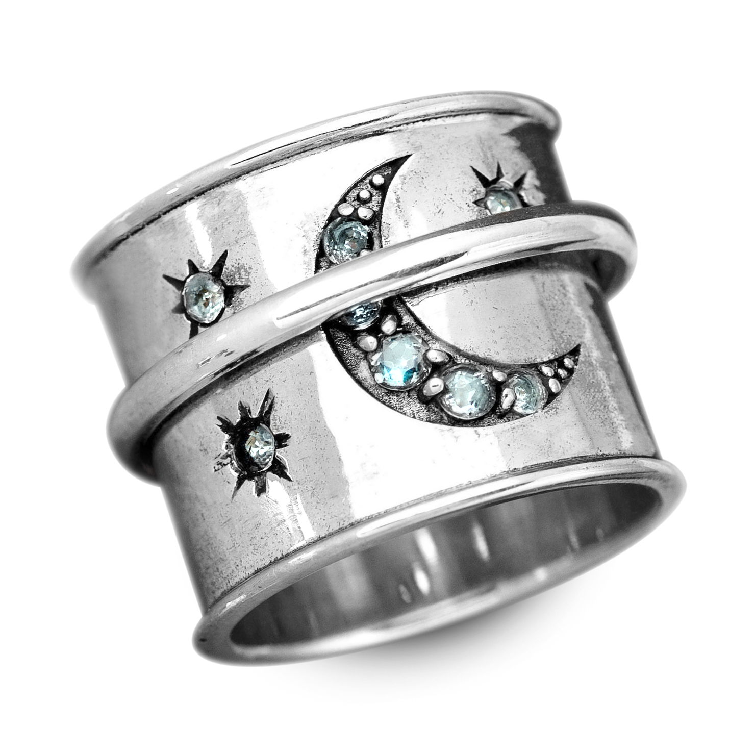 Aquamarine Stars and Moon Fidget Ring