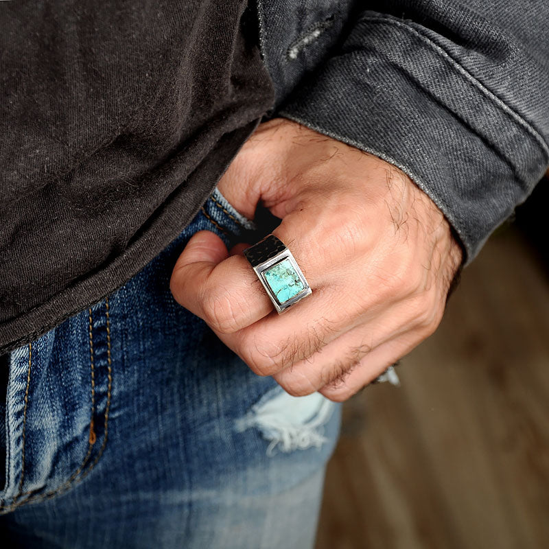 Turquoise Square Signet Ring for Men Sterling Silver