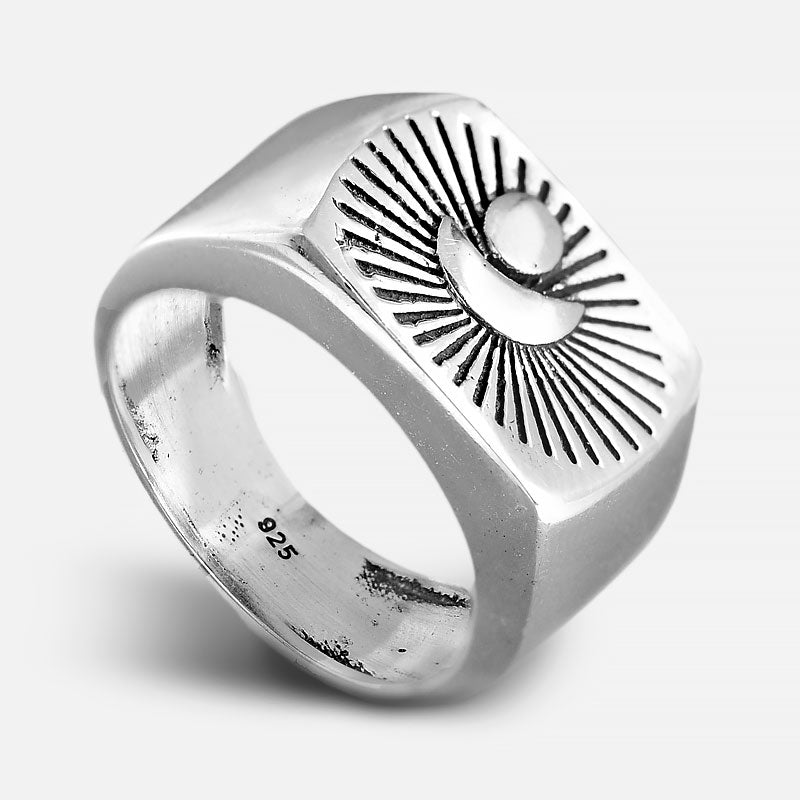 Sun and Moon Signet Ring for Men Sterling Silver