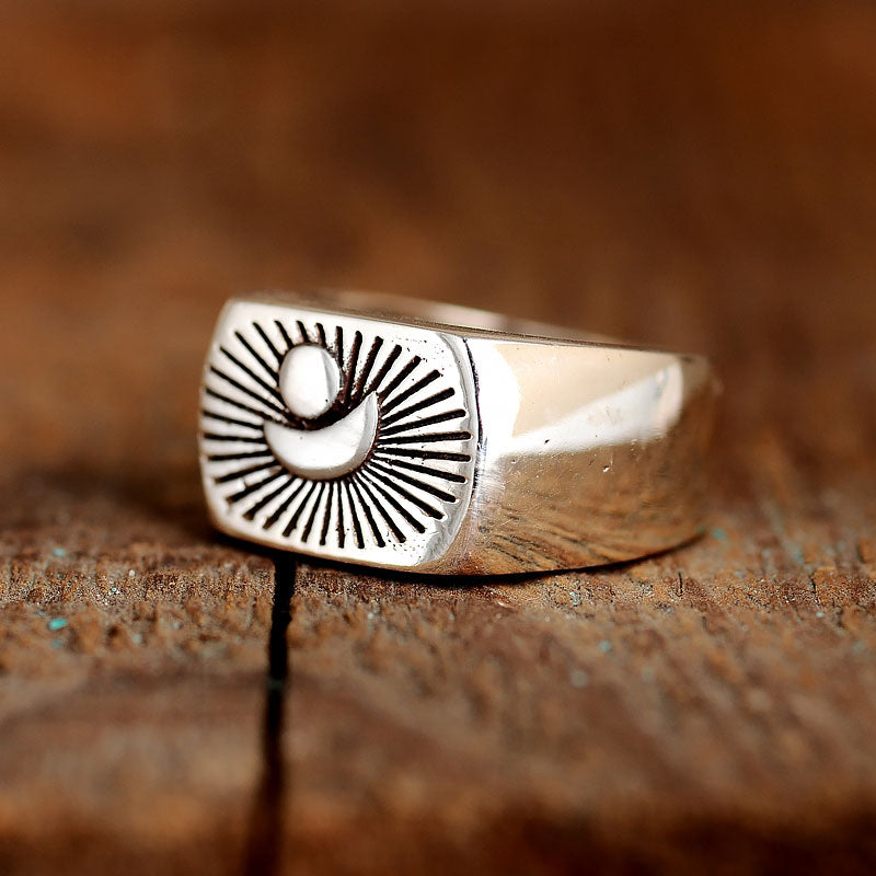 Sun and Moon Signet Ring for Men Sterling Silver