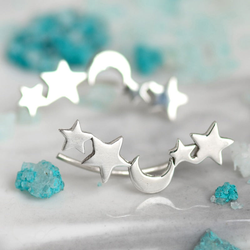 Star and Moon Climber Earrings Sterling Silver