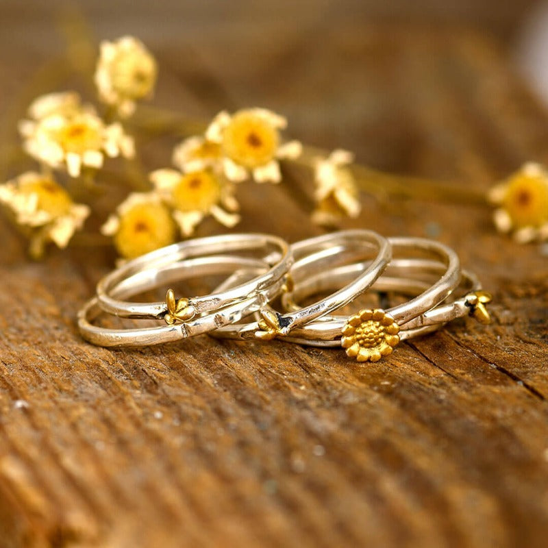 Bees and Sunflower Stacking Ring Set Sterling Silver