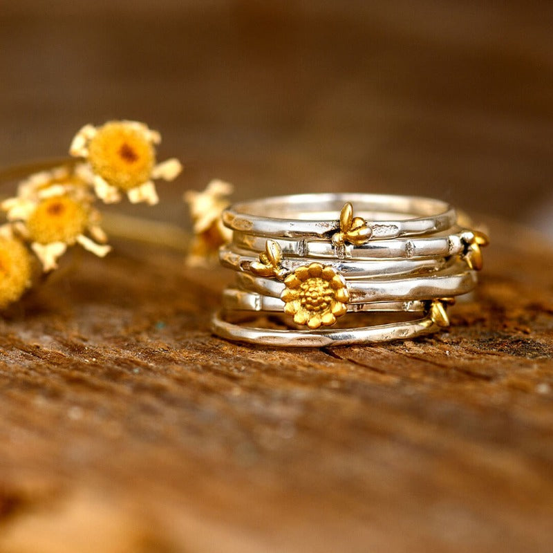 Bees and Sunflower Stacking Ring Set Sterling Silver