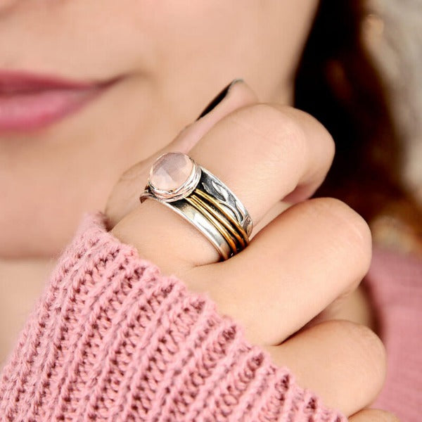 Rose-Quartz Spinner Ring Inspired by Nature Sterling Silver