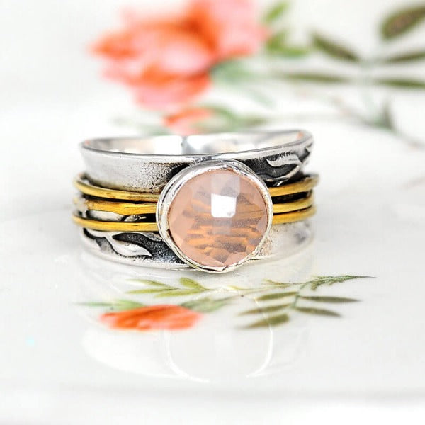 Rose-Quartz Spinner Ring Inspired by Nature Sterling Silver