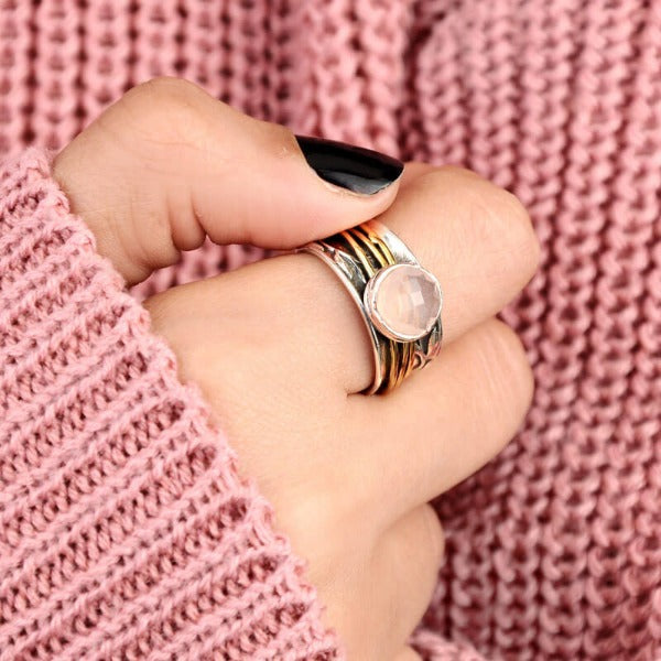 Rose-Quartz Spinner Ring Inspired by Nature Sterling Silver