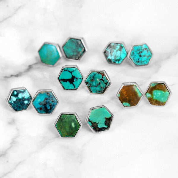 Hexagon Silver Turquoise Earrings