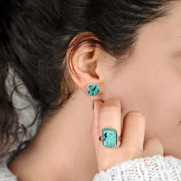 Hexagon Silver Turquoise Earrings