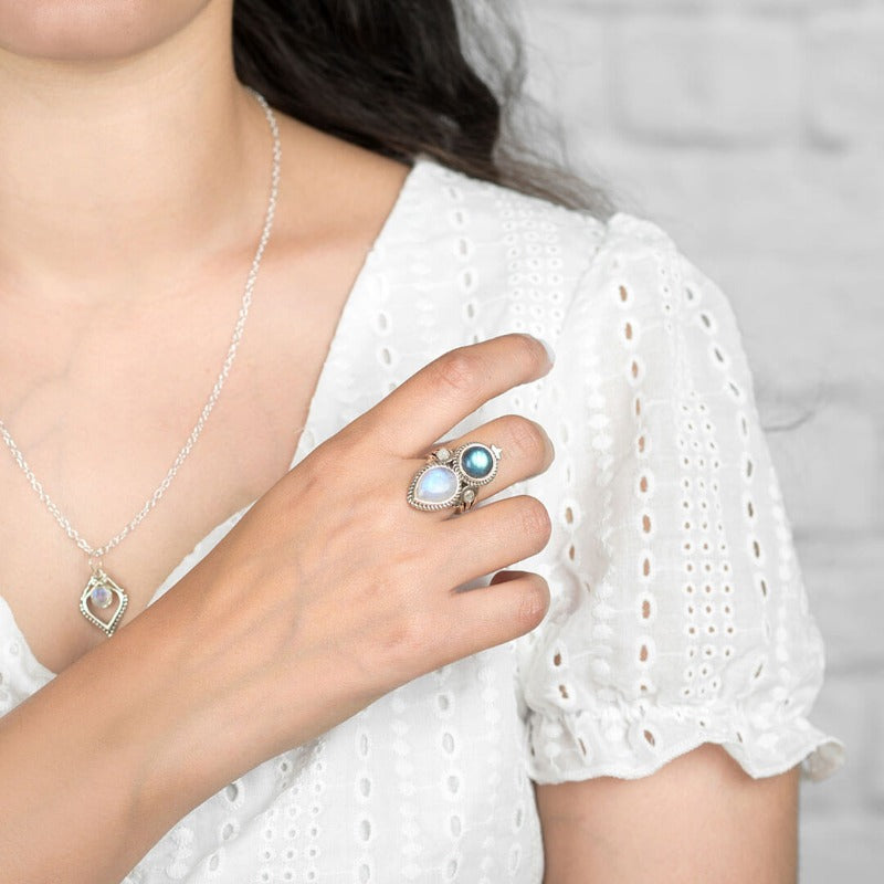 Celestial Moonstone and Labradorite Silver Ring